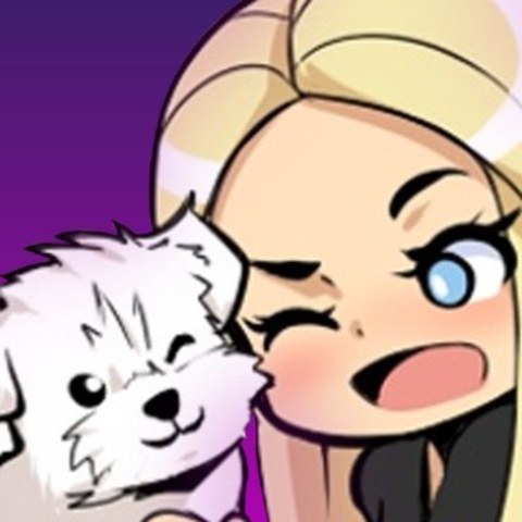 Maddy's avatar - an illustration of her with Baxter, her white fluffy dog